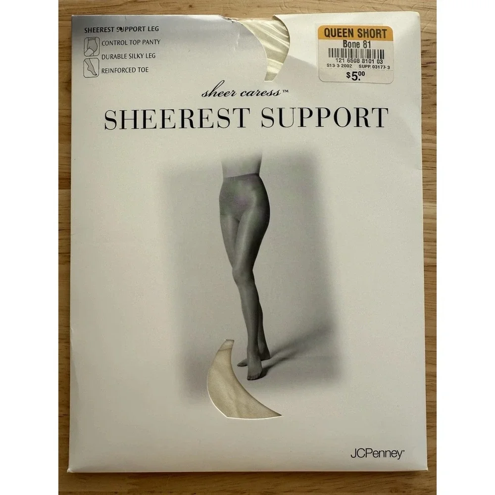 JC Penny Sheer Caress Sheerest Support Control Top Queen Pantyhose Short Bone 81